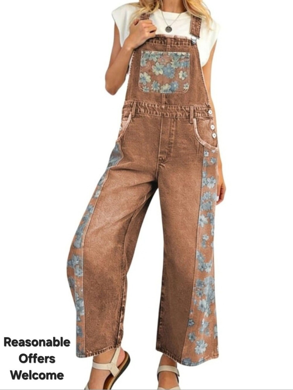 Brown Floral Denim Wide Leg Overalls for Women. Multiple  Sizes Available